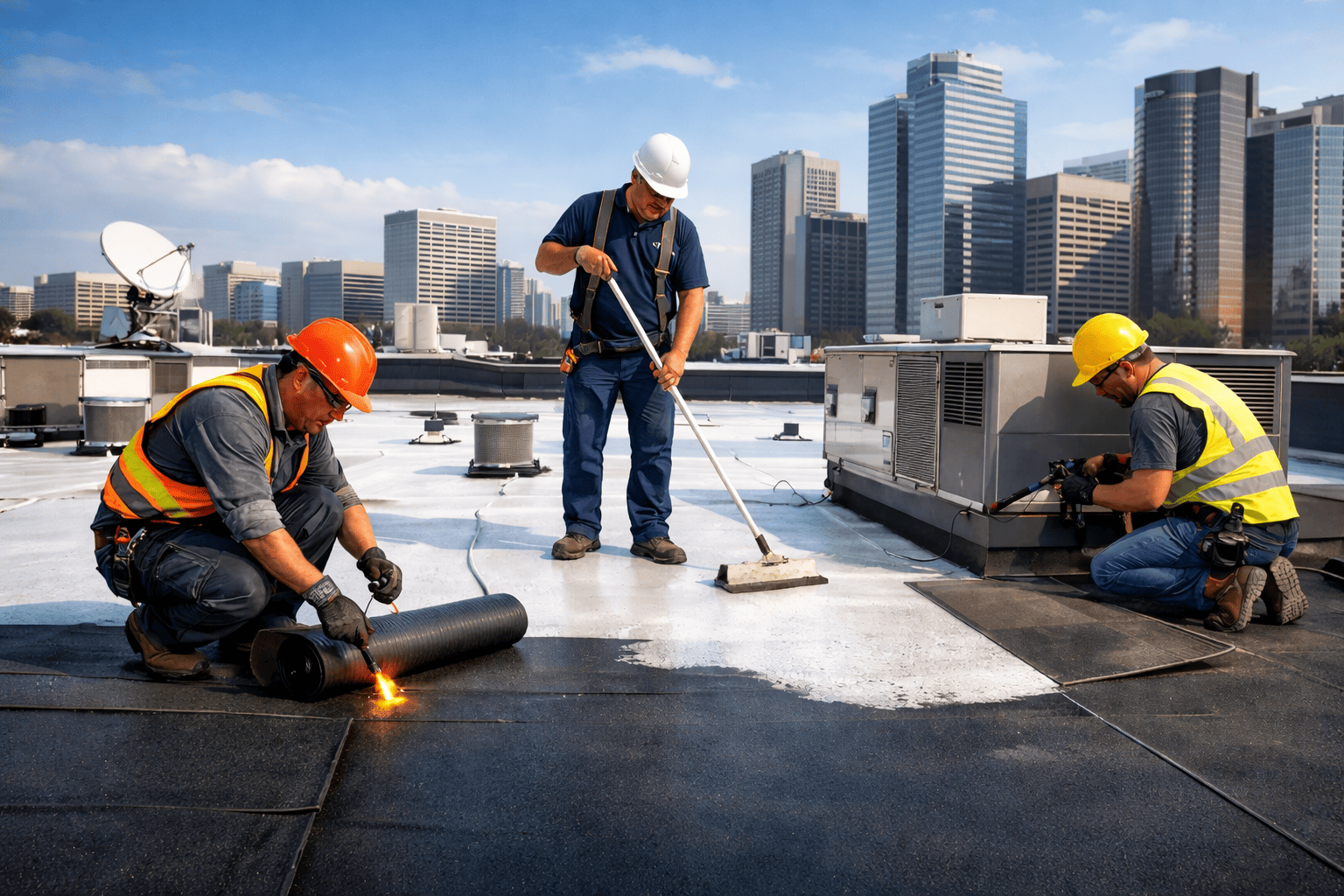 Commercial roofing crew Caldwell TX flat roof repair