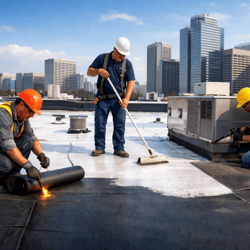 Commercial roofing crew Caldwell TX flat roof repair